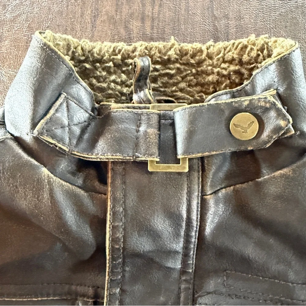 Hawke & Co Boys Helicopter Brown Faux Leather Jacket with Patch Sz 6